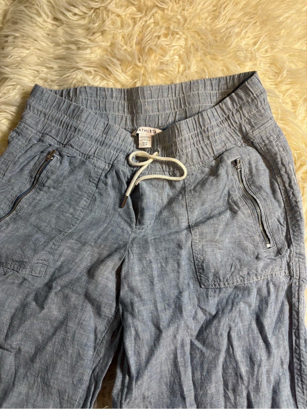 Athleta Cabo Linen Wide Leg Pants 10P Drawstring Chambray Blue Coastal Resort